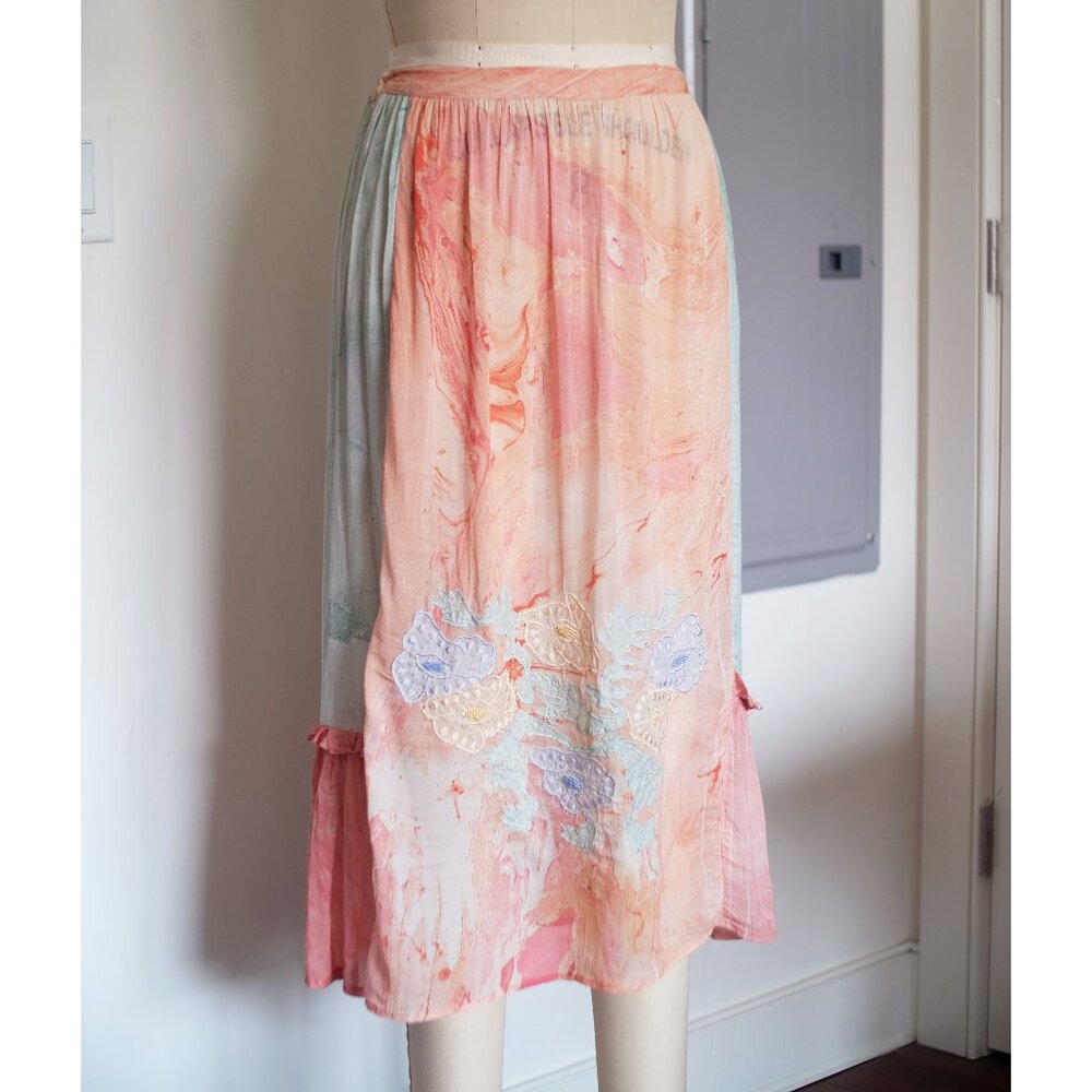 Vintage 1970s PHOOL Cotton Midi Skirt Tie Dye Swirl Embroidered Floral Applique